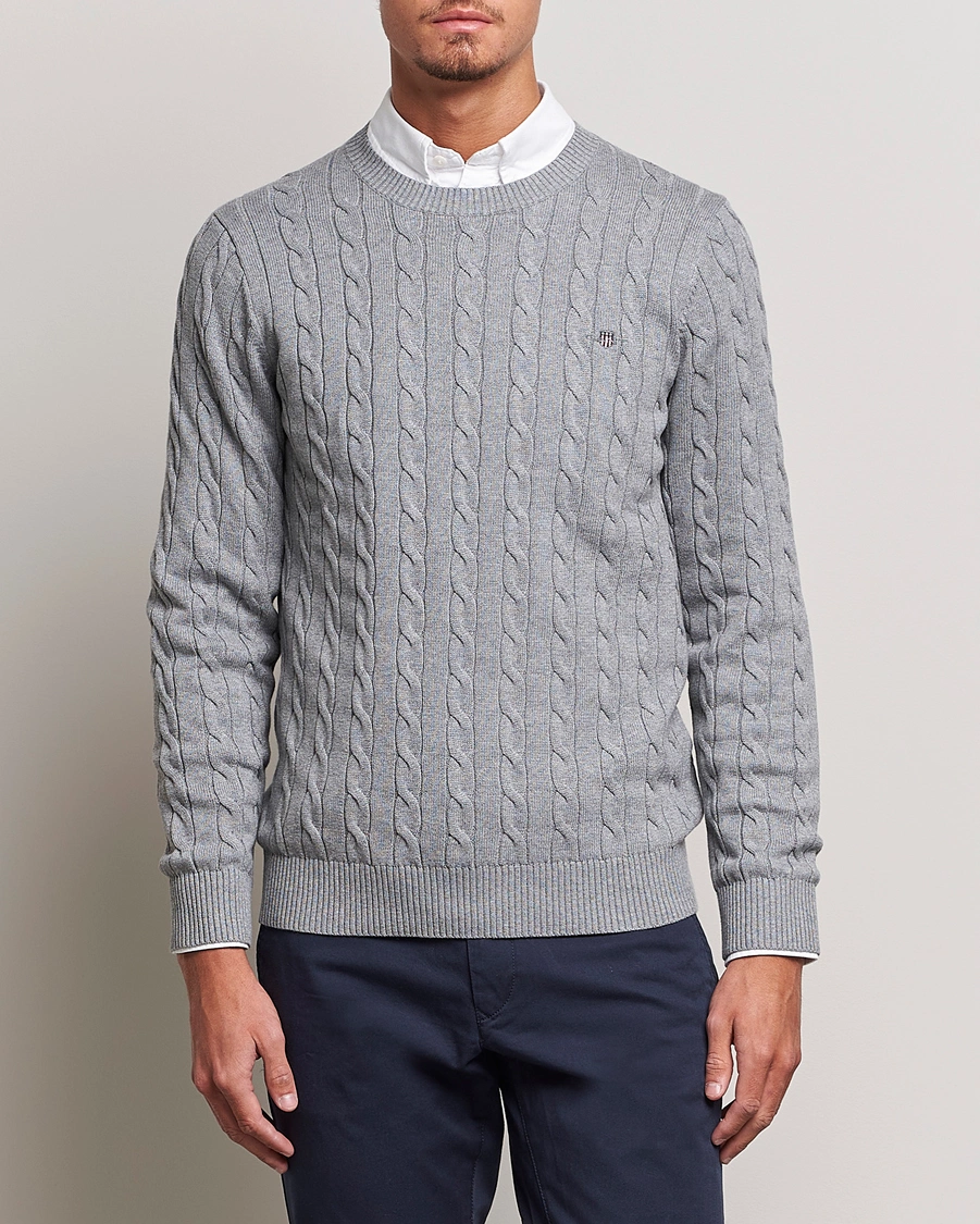 Herr | GANT | GANT | Cotton Cable Crew Neck Pullover Grey Melange