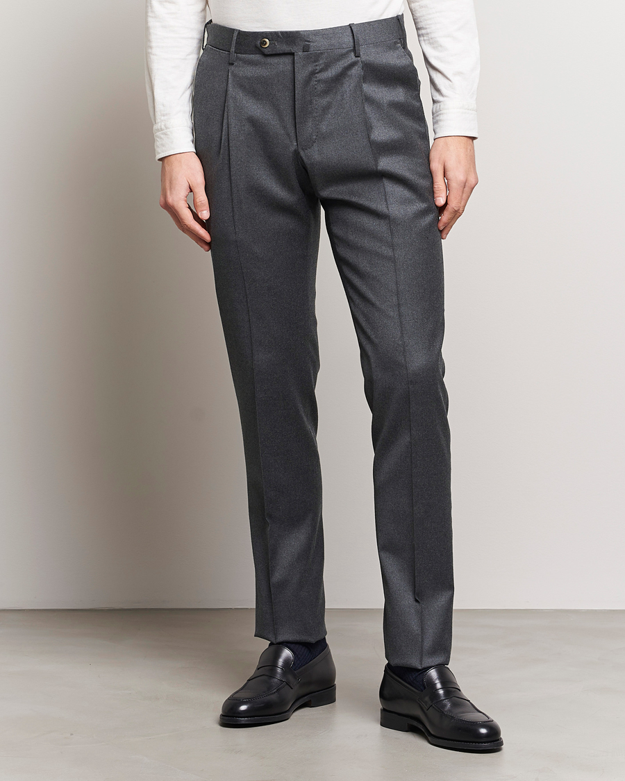 Herr |  | PT01 | Slim Fit Pleated Flannel Trousers Dark Grey