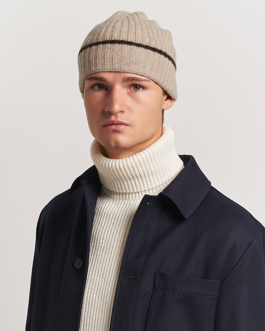 Herr |  | Amanda Christensen | Rib Knitted Cashmere Paspoal Cap Beige Melange