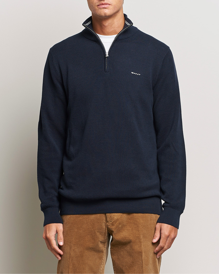 Herr | GANT | GANT | Cotton Pique Half-Zip Sweater Evening Blue