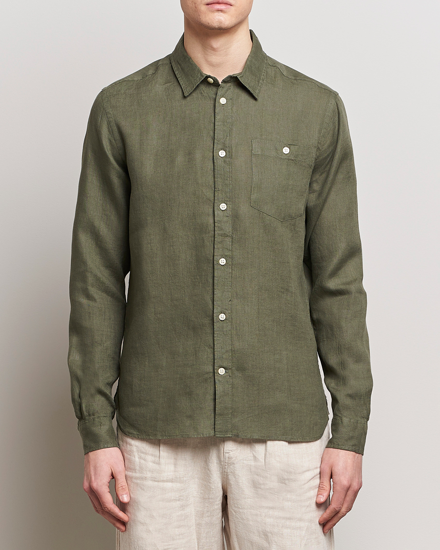 Herr | Skjortor | KnowledgeCotton Apparel | Regular Linen Shirt Burned Olive