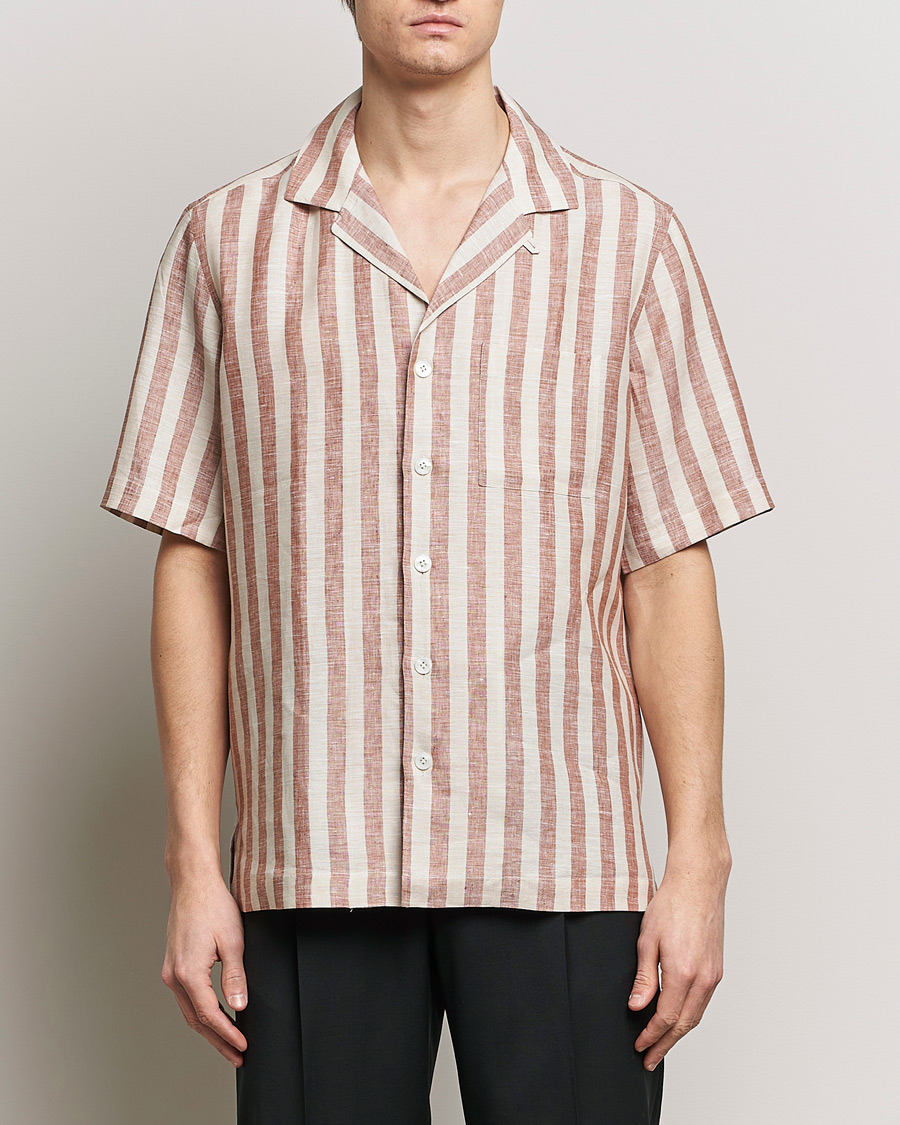 Herr | Lardini | Lardini | Striped Short Sleeve Linen Shirt Beige/Red