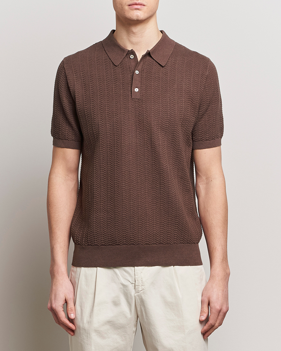 Herr | Stenströms | Stenströms | Linen/Cotton Crochet Knitted Polo Shirt Brown