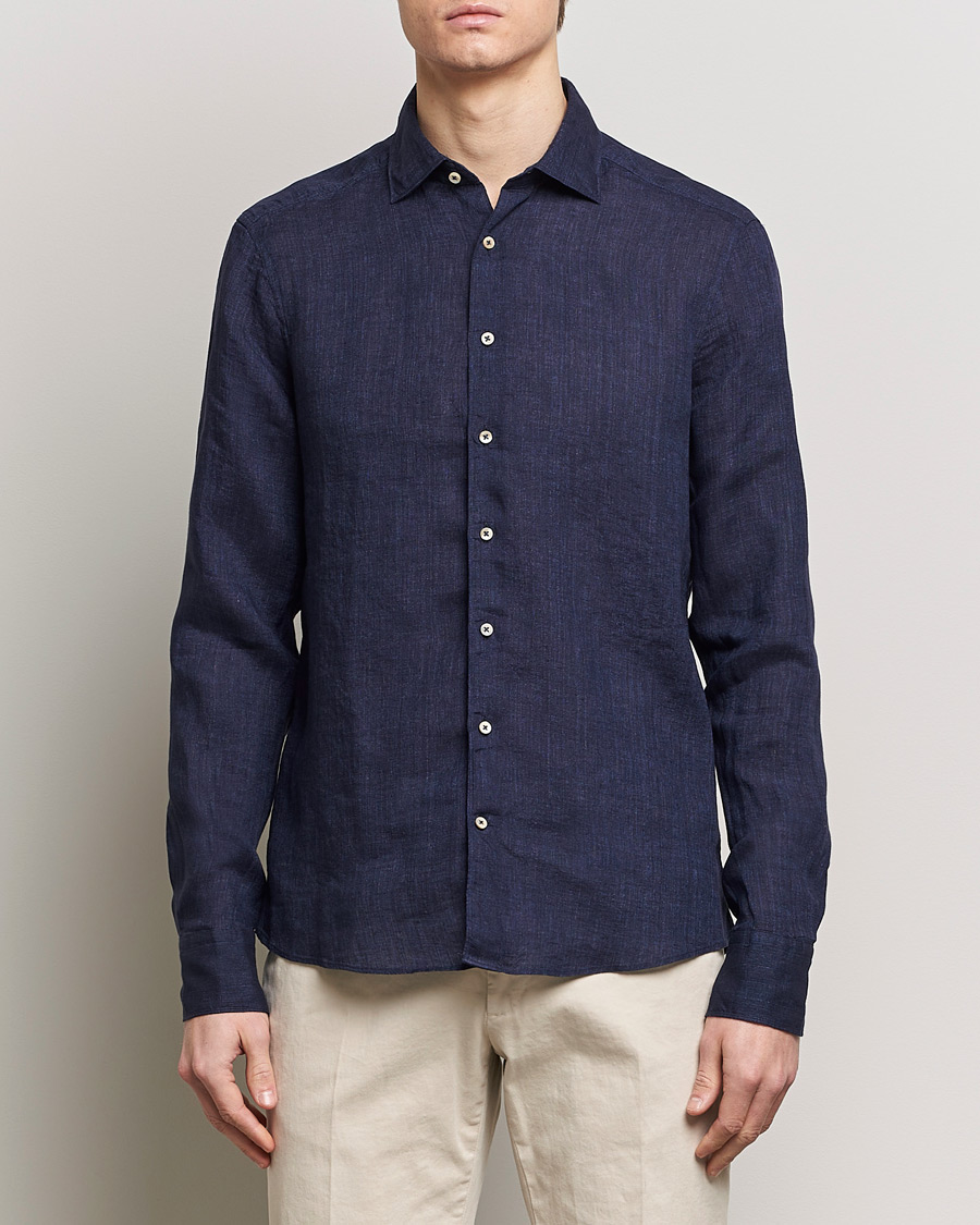 Herr |  | Stenströms | Slimline Cut Away Linen Shirt Navy