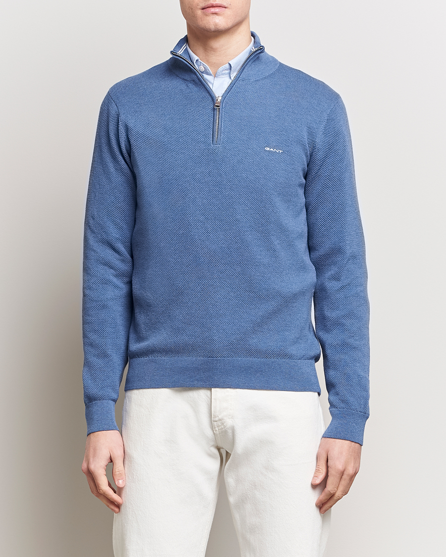 Herr | Kläder | GANT | Cotton Pique Half-Zip Sweater Denim Blue Melange