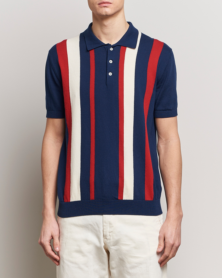 Herr | Baracuta | Baracuta | Stripe Knitted Short Sleeve Polo Navy
