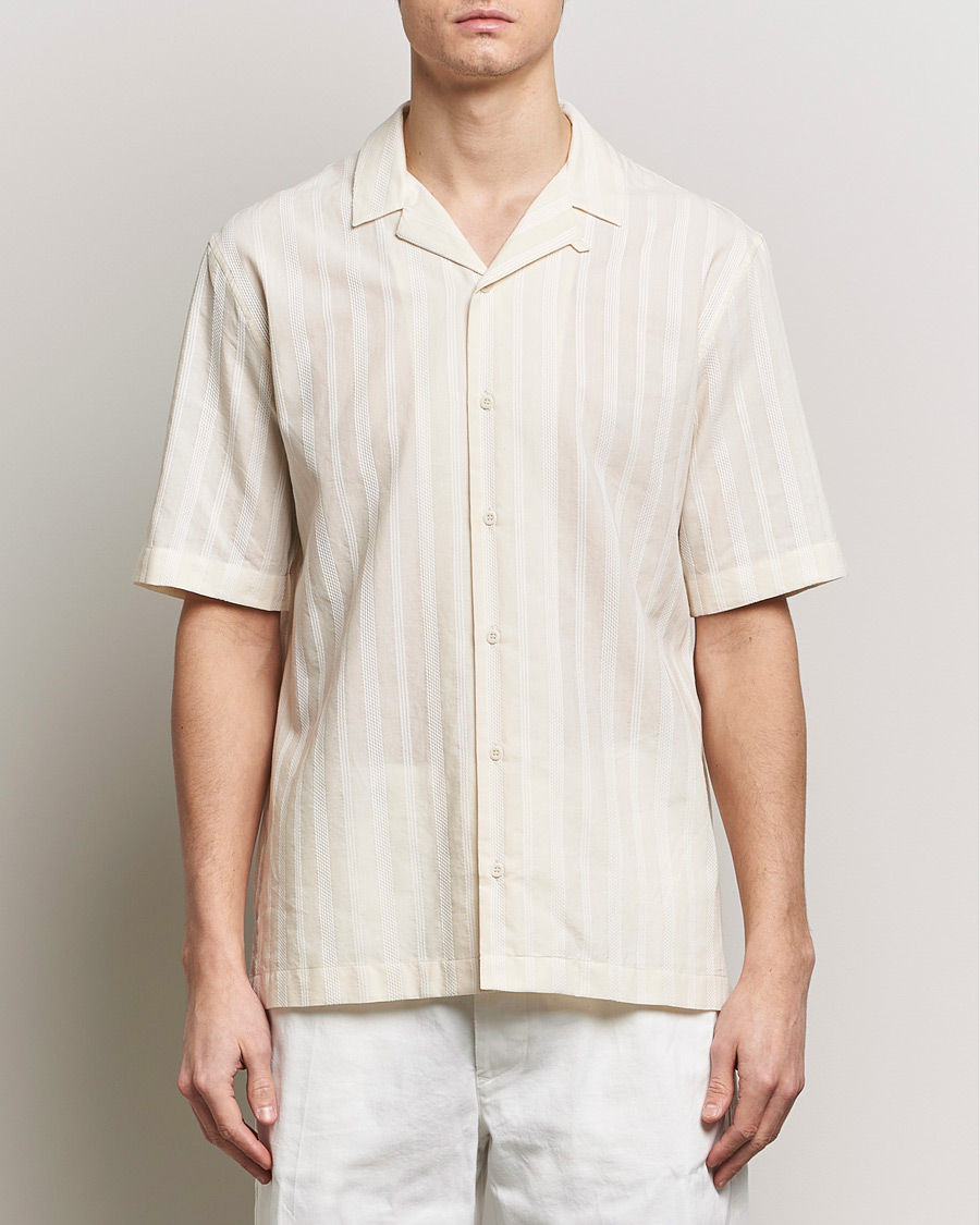 Herr | Formal Wear | Sunspel | Embroidered Striped Short Sleeve Shirt Ecru