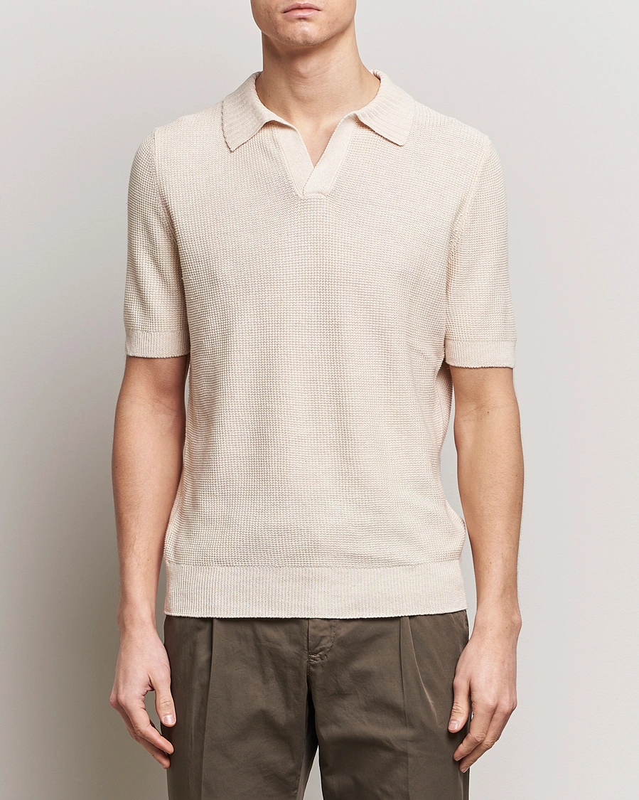 Herr | Kortärmade pikéer | Gran Sasso | Linen/Cotton Open Collar Polo Cream