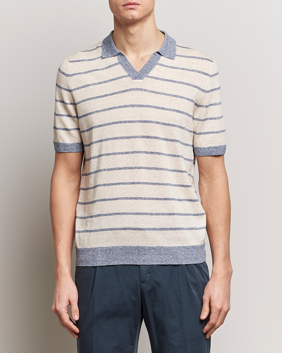 Herr | Kortärmade pikéer | Gran Sasso | Linen/Cotton Knitted Striped Open Collar Polo Cream/Blue
