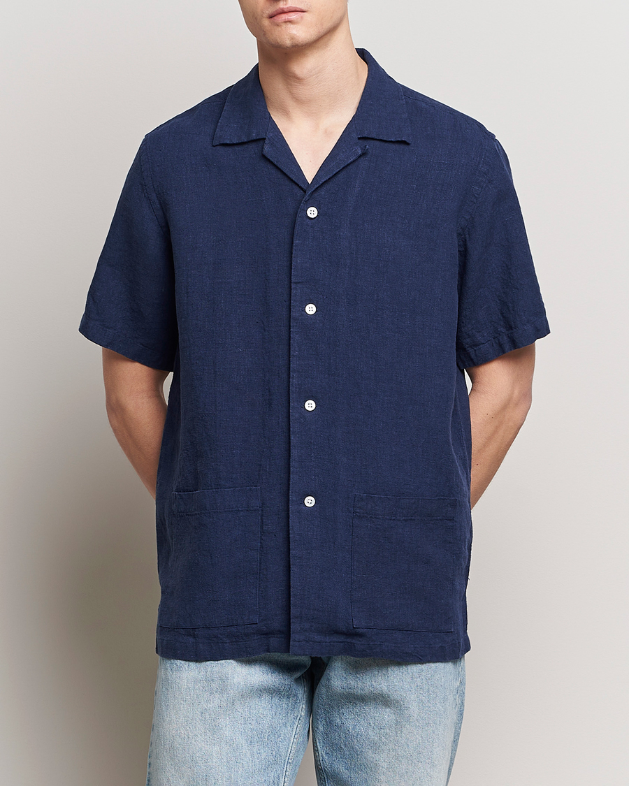 Herr | Senast inkommet | Kamakura Shirts | Vintage Ivy Heavy Linen Beach Shirt Navy