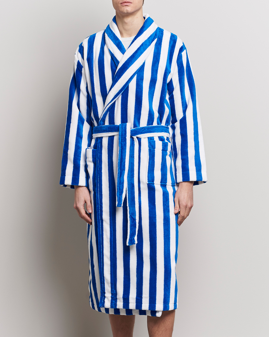 Herr | Derek Rose | Derek Rose | Cotton Velour Striped Gown Blue/White