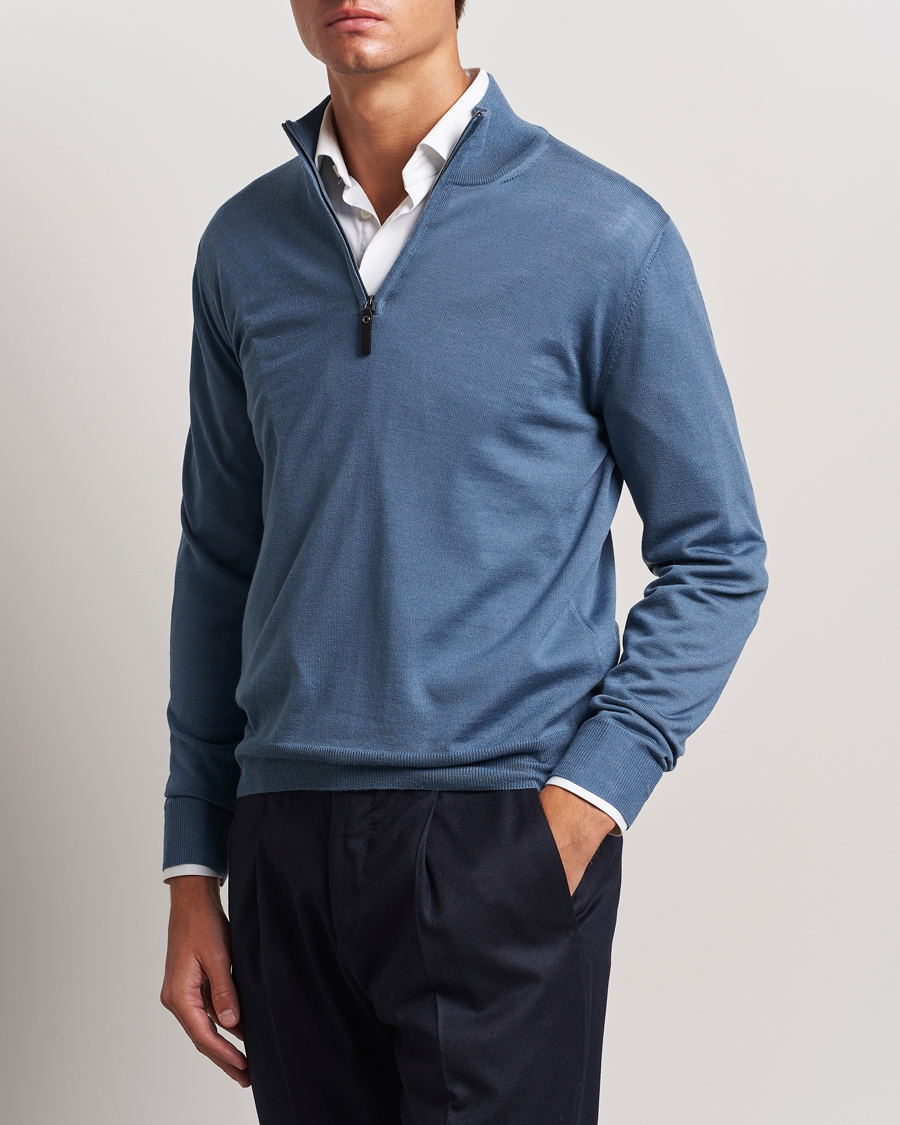 Herr | Business & Beyond | Canali | Merino Wool Half Zip Light Blue