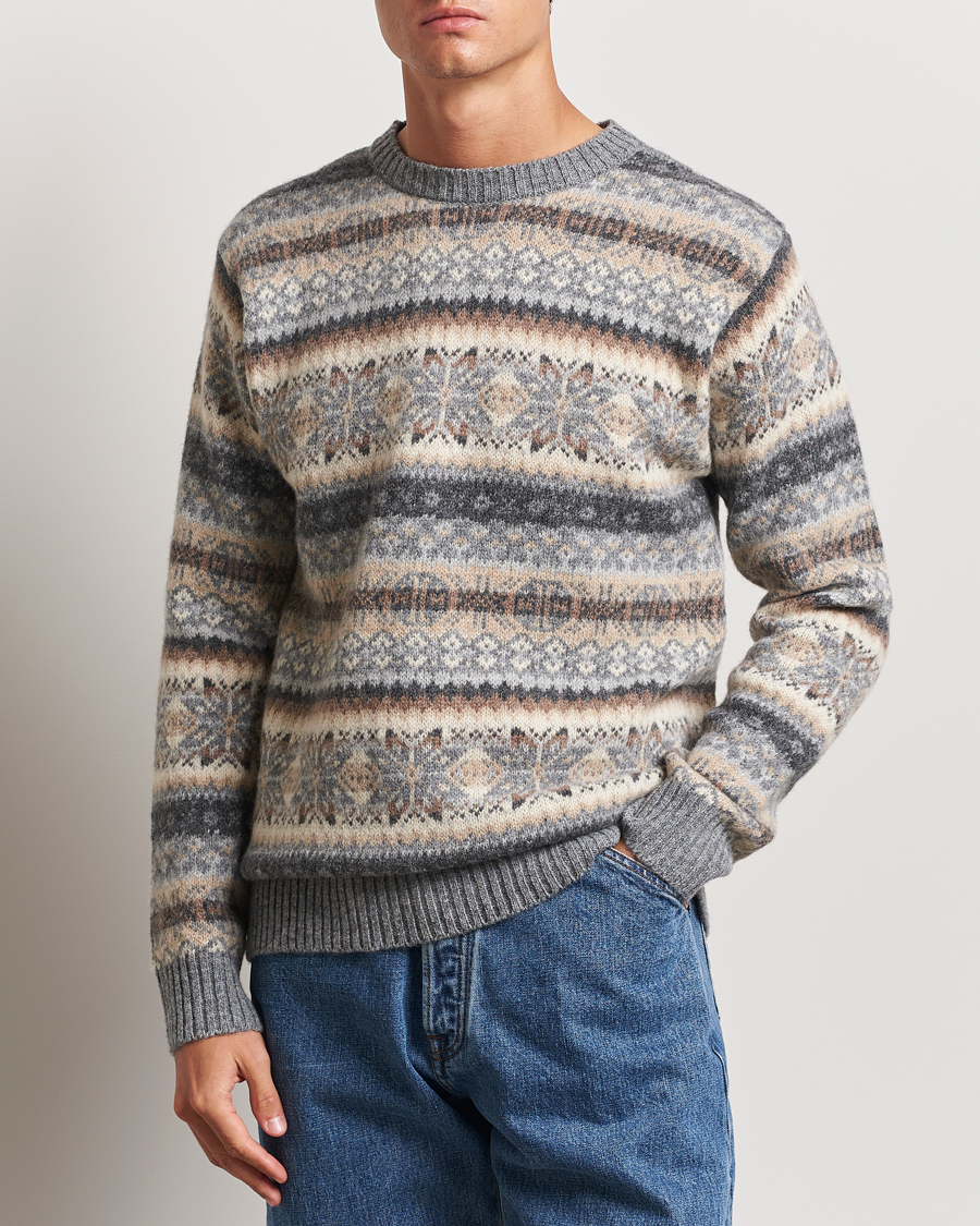 Herr | Stickade tröjor | Harley Of Scotland | Supersoft Lambswool Fairisle Crewneck Grey