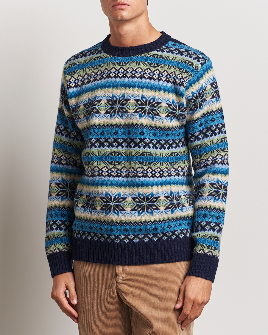 Herr | Tröjor | Harley Of Scotland | Supersoft Lambswool Fairisle Crewneck Navy