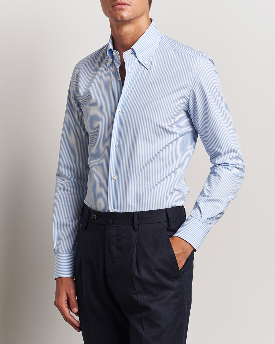 Herr | Mazzarelli | Mazzarelli | Soft Cotton Striped Button Down Shirt Light Blue