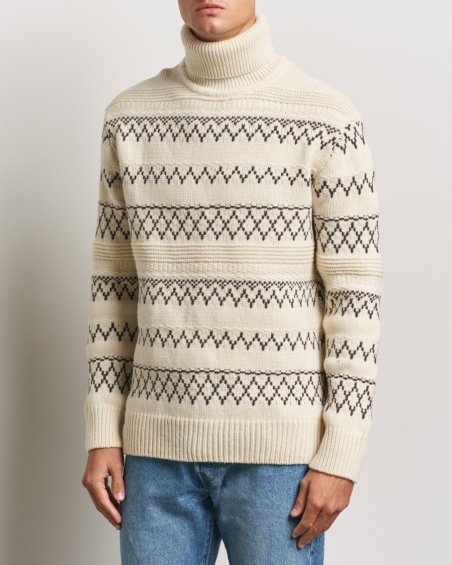 Herr | Polotröjor | KnowledgeCotton Apparel | Knitted Pattern Lambswool Rollneck Off White