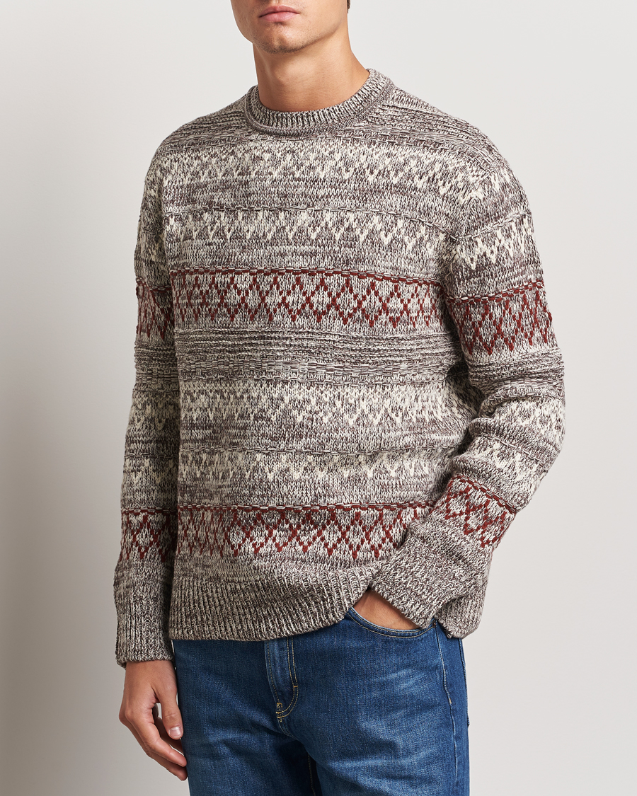 Herr |  | KnowledgeCotton Apparel | Knitted Pattern Lambswool Crewneck Brown