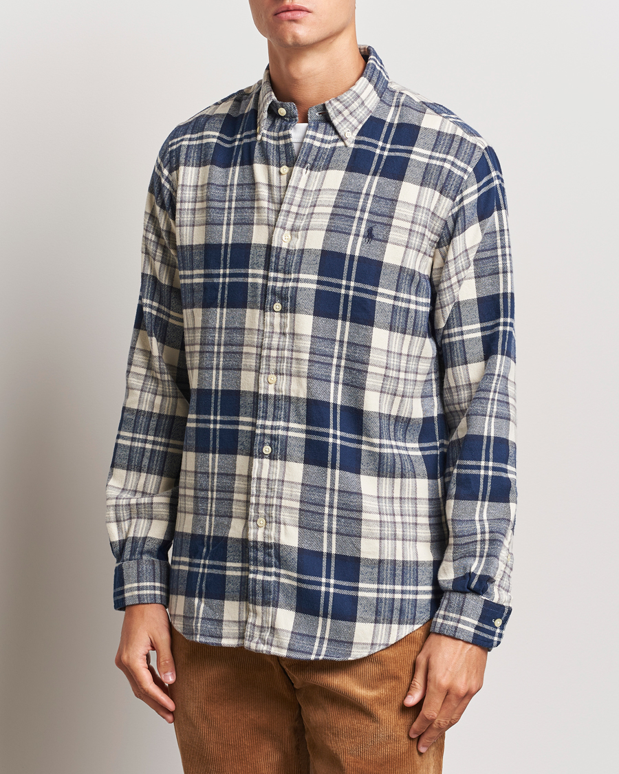 Herr |  | Polo Ralph Lauren | Custom Fit Brushed Flannel Checked Shirt Off White/Navy