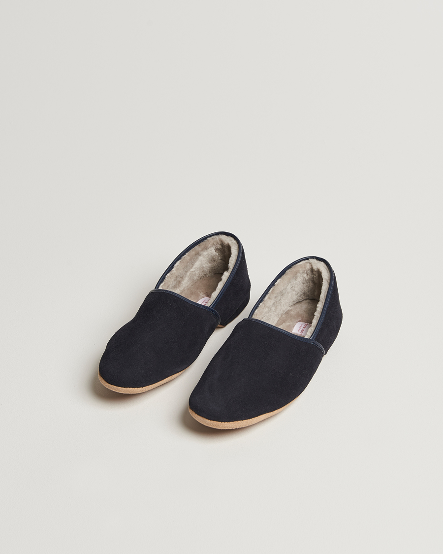 Herr |  | Derek Rose | Crawford Sheepskin Suede Slippers Navy