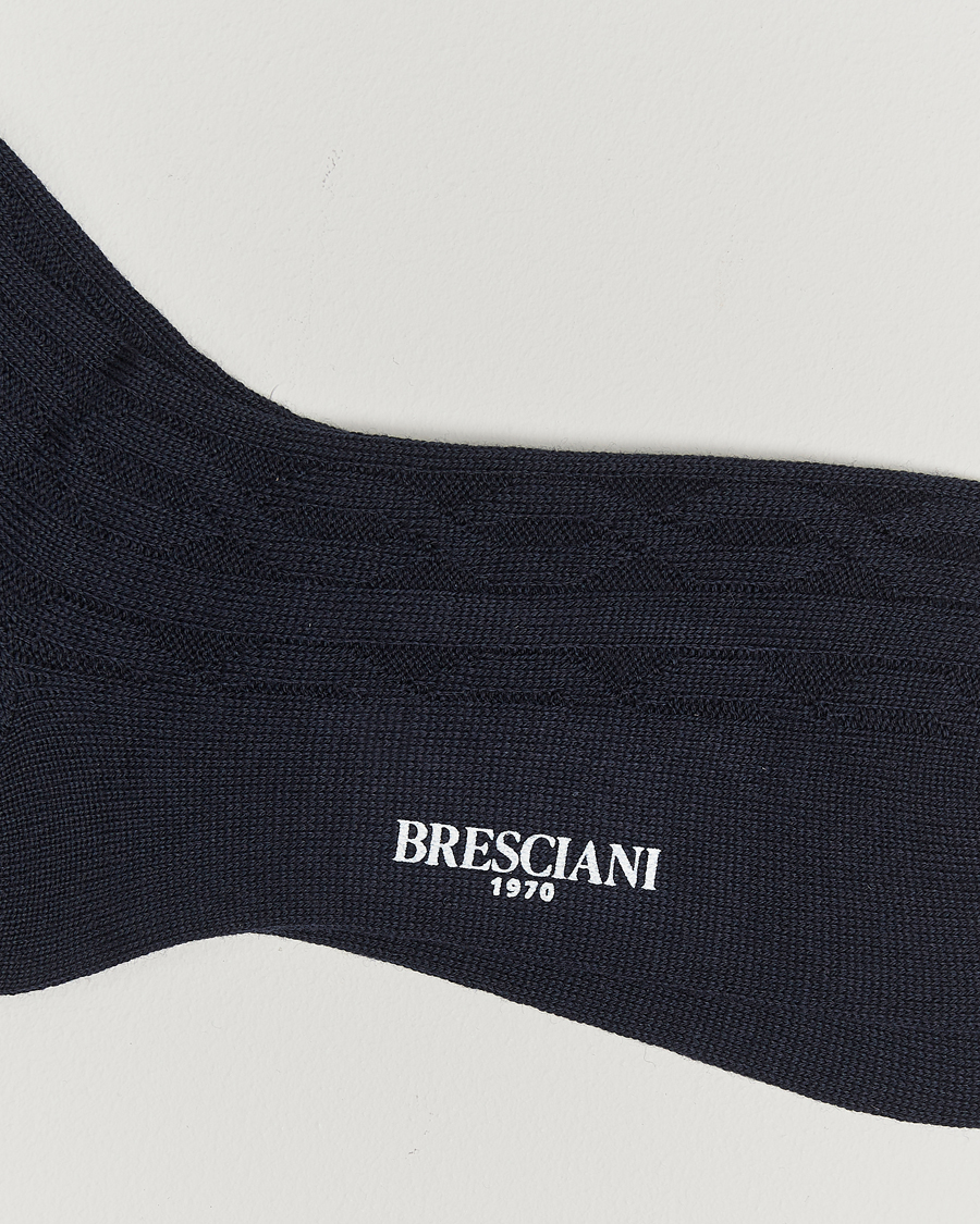 Herr |  | Bresciani | Link Ribbed Wool Socks Navy