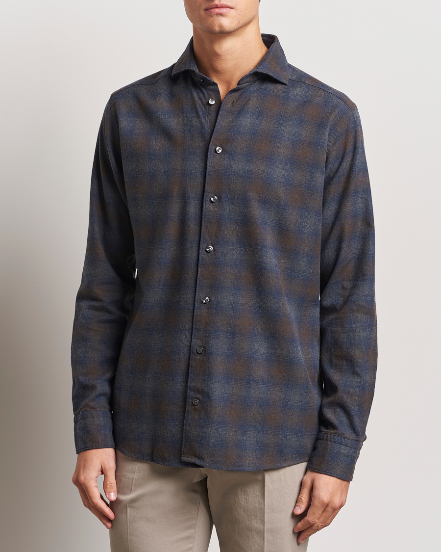 Herr |  | Eton | Slim Fit Checked Flannel Shirt Navy Blue