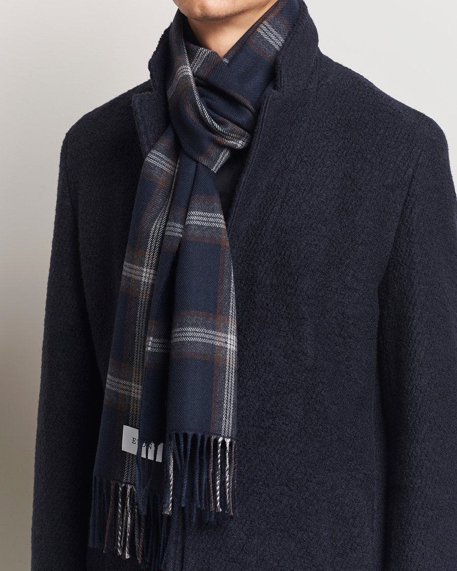 Herr |  | Eton | Merino Wool Checked Scarf Navy Blue