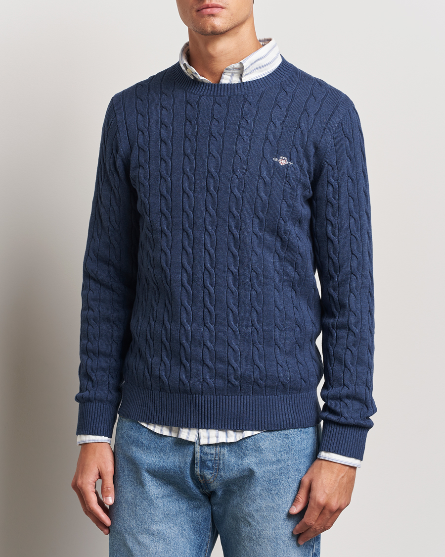 Herr |  | GANT | Cotton Cable Crew Neck Dark Jeans Blue Melange