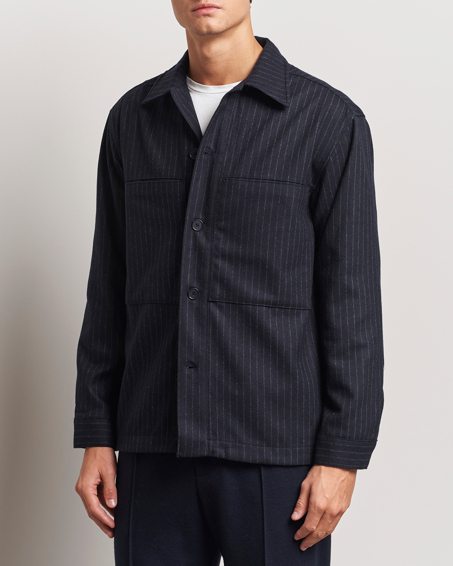 Herr |  | NN07 | Isak Wool Overshirt Navy Blue Pinstripe