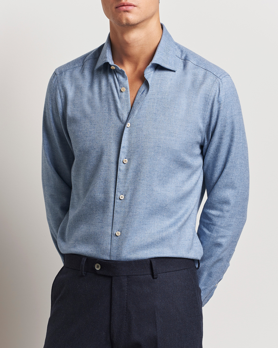 Herr |  | Stenströms | Slimline Brushed Cotton/Lyocell Cut Away Shirt Blue