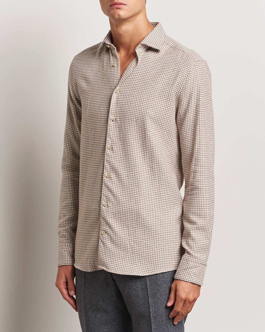 Herr |  | Stenströms | Slimline Flannel Houndstooth Shirt Light Brown