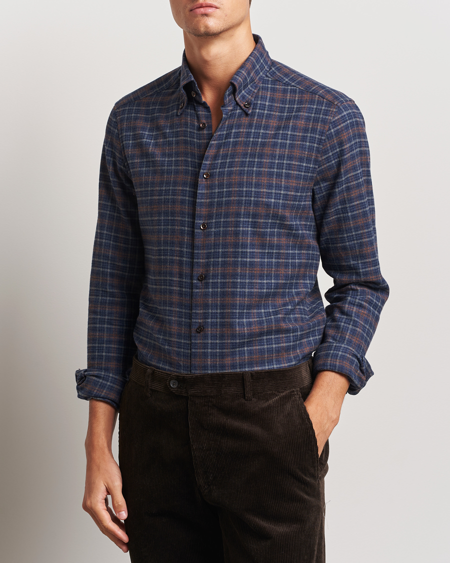 Herr |  | Stenströms | Slimline Small Check Flannel Shirt Dark Blue