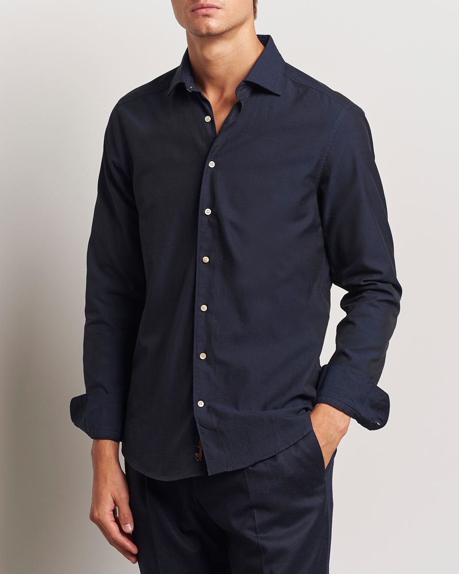 Herr |  | Stenströms | Slimline Cut Away Washed Twill Shirt Navy