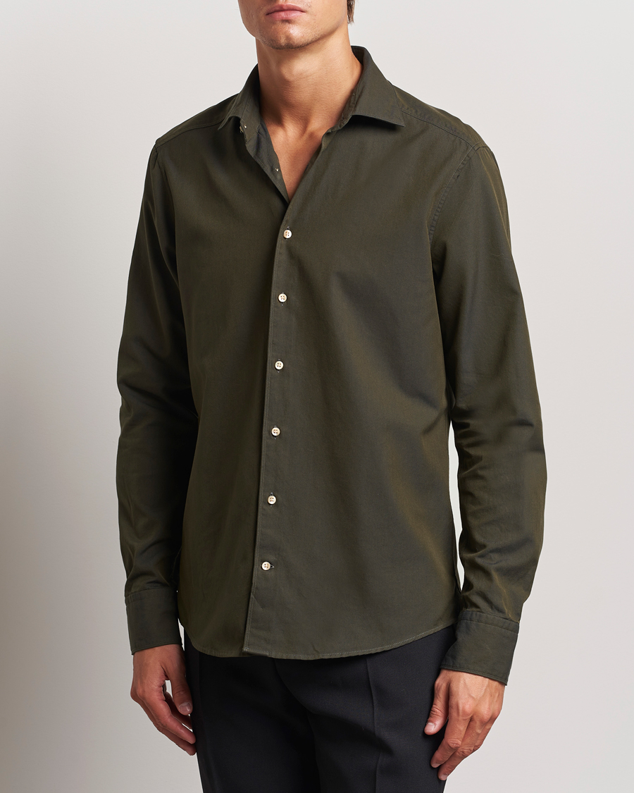 Herr |  | Stenströms | Slimline Cut Away Washed Twill Shirt Dark Green