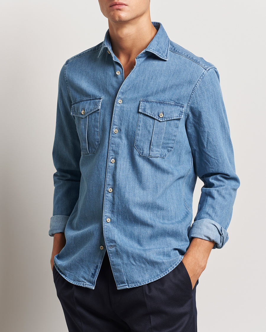 Herr |  | Stenströms | Slimline Double Pocket Denim Shirt Blue