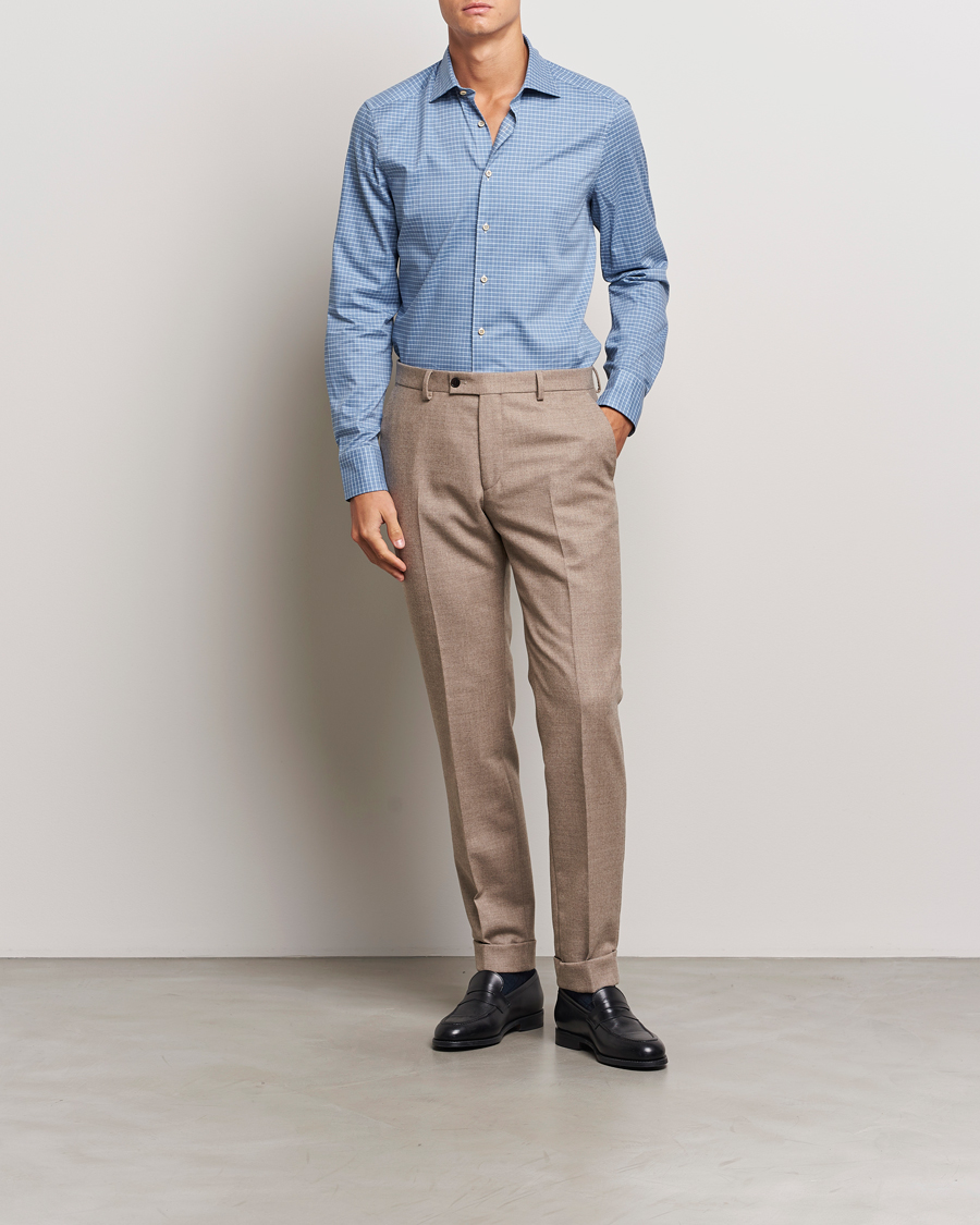 Herr |  | Stenströms | Slimline Melange Check Cut Away Shirt Blue