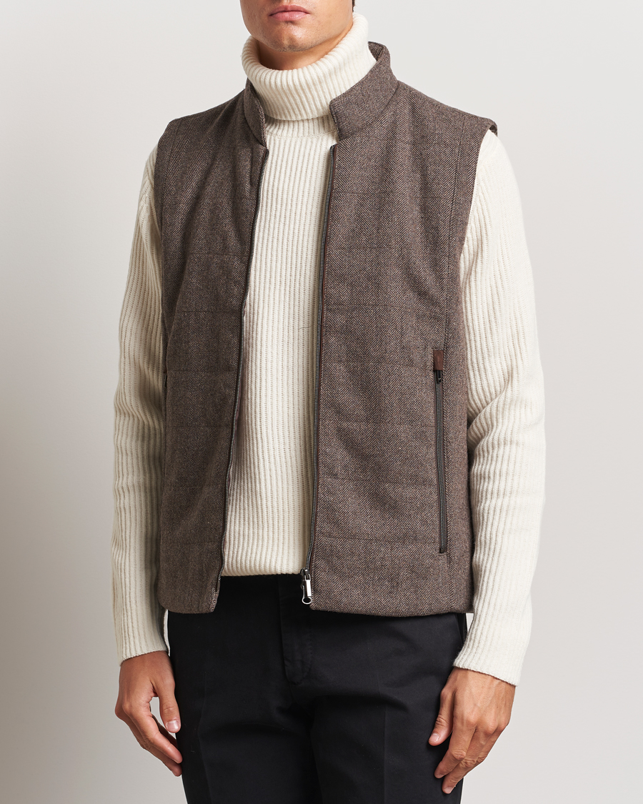 Herr |  | Stenströms | Alcantara Detail Herringbone Wool Vest Dark Brown