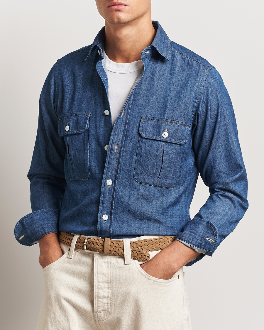 Herr |  | Drake\'s | Denim Cotton Two Pocket Work Shirt Mid Blue