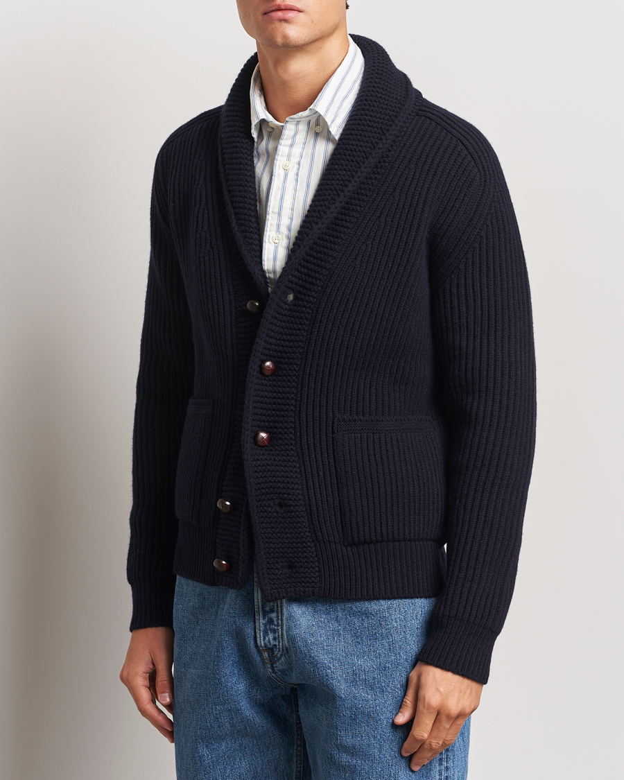 Herr |  | Drake\'s | Lambswool 6-Ply Shawl Collar Cardigan Navy