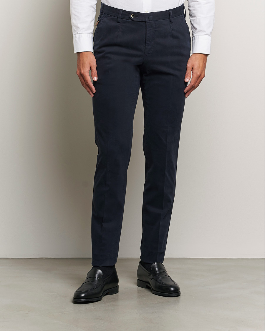 Herr |  | PT01 | Slim Fit Pleated Cotton Trousers Navy