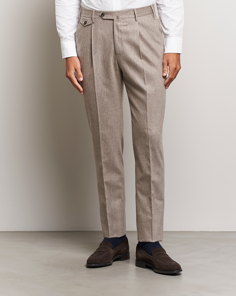 Herr |  | PT01 | Slim Fit Pleated Wool/Cashmere Trousers Beige