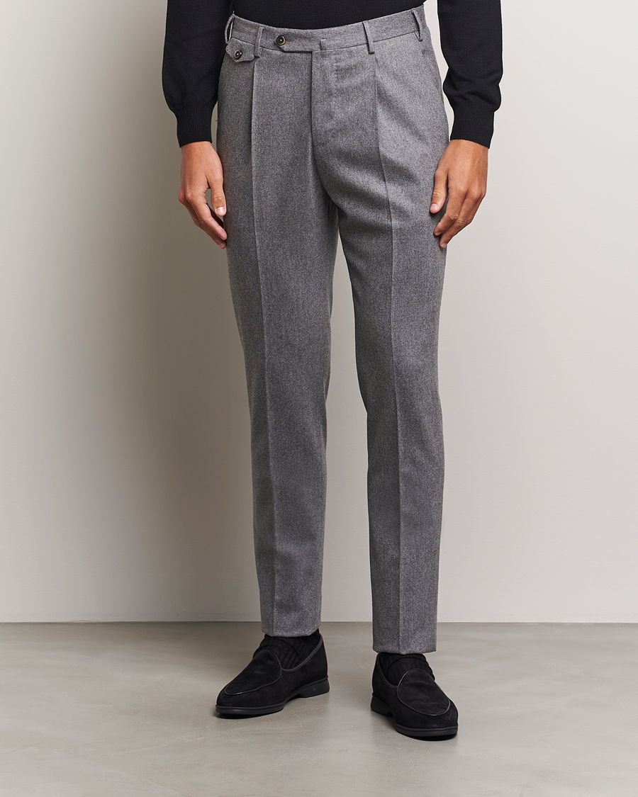 Herr |  | PT01 | Slim Fit Pleated Wool/Cashmere Trousers Grey Melange