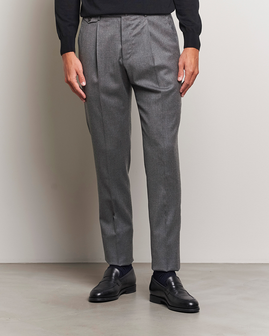 Herr |  | PT01 | Slim Fit Pleated Flannel Trousers Grey Melange