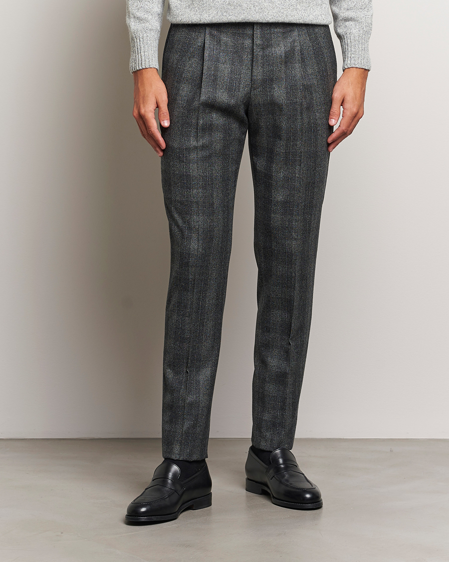 Herr |  | PT01 | Slim Fit Pleated Checked Flannel Trousers Grey