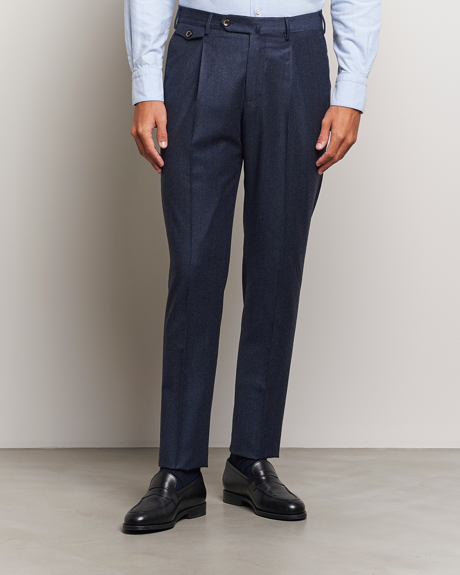 Herr | Flanellbyxor | PT01 | Slim Fit Pleated Houndstooth Flannel Trousers Navy