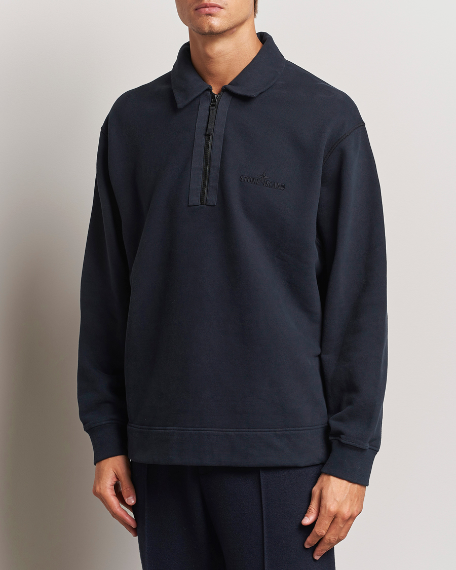 Herr |  | Stone Island | Garment Dyed Fleece Zip Polo Navy Blue