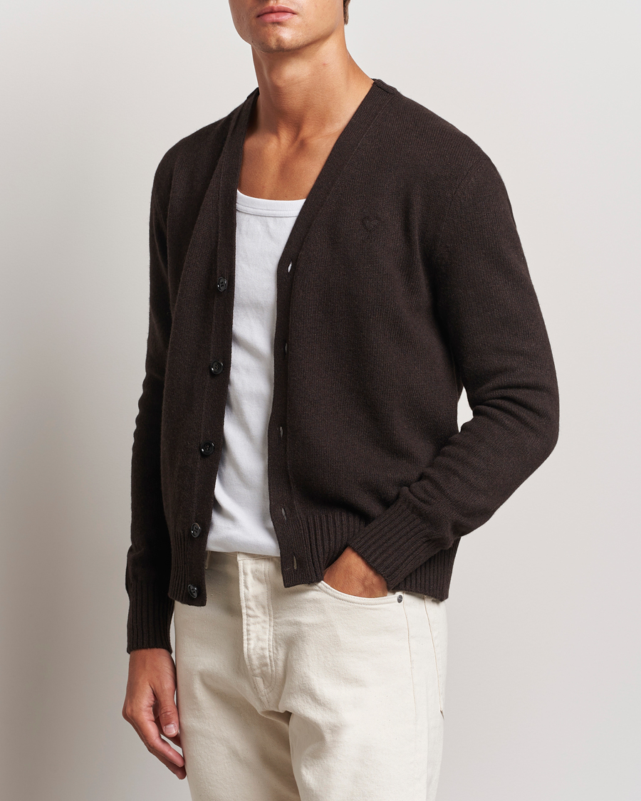 Herr |  | AMI | Tonal Heart Logo Wool Cardigan Dark Coffee