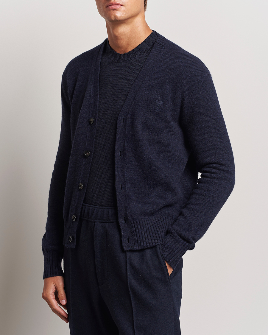 Herr |  | AMI | Tonal Heart Logo Wool Cardigan Navy