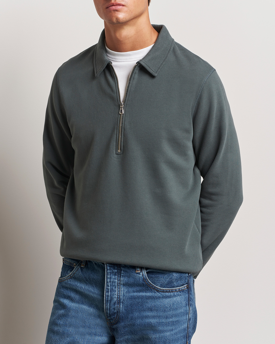 Herr |  | Sunspel | Zip Loopback Sweatshirt Polo Drill Green