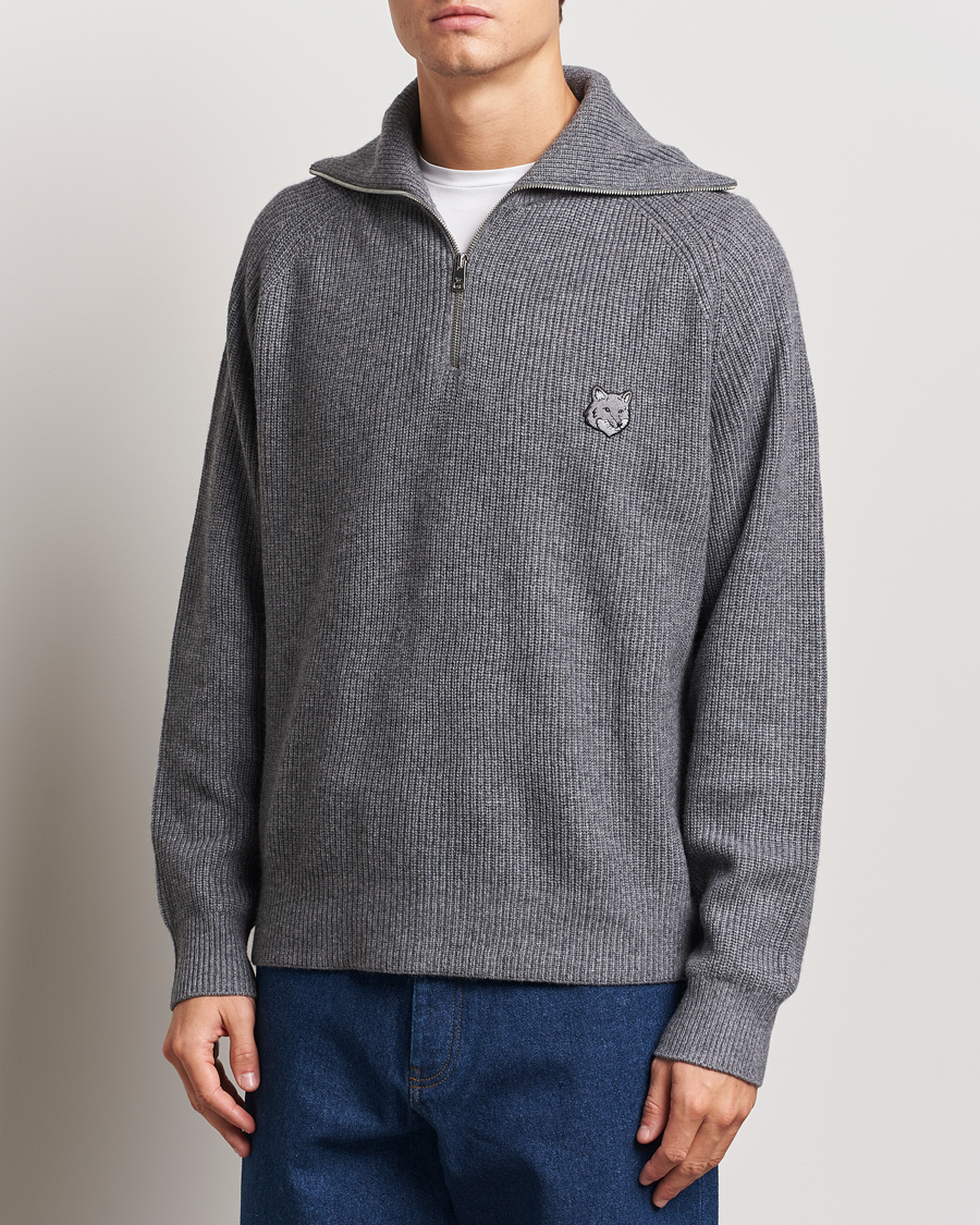 Herr |  | Maison Kitsuné | Bold Fox Rib Knitted Half Zip Medium Grey Melange