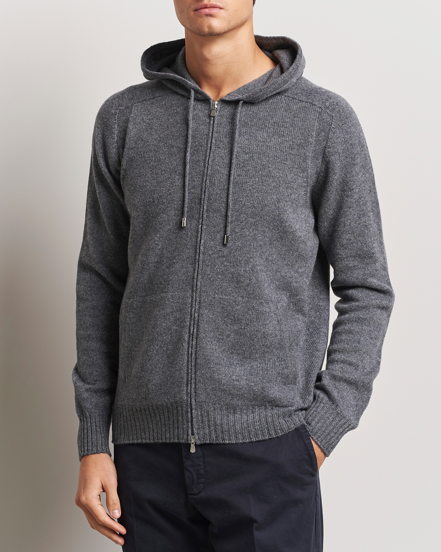 Herr |  | Gran Sasso | Full Zip Wool Hoodie Grey Melange